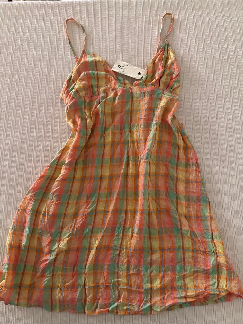 Billabong Pastel Plaid V Neck Smocked Back Mini Dress NWT